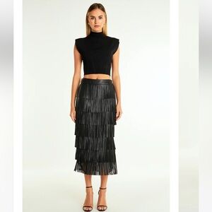 Endless Rose Black Tiered Fringe Midi Skirt